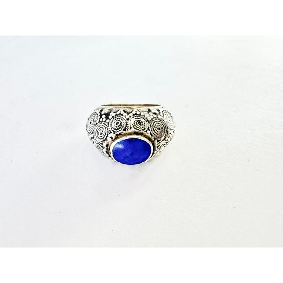 Vintage Afghan Lapis Lazuli Handmade Silver Tall Hollow Ring US Sz 8 - Picture 6 of 9
